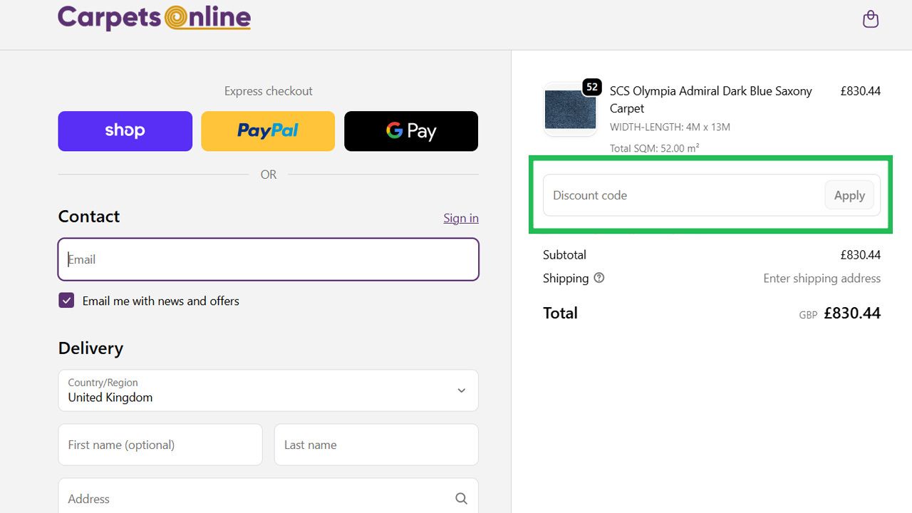 A Carpets Online checkout page showing a dark blue carpet, total cost, fields for contact and delivery information, and a discount code input.