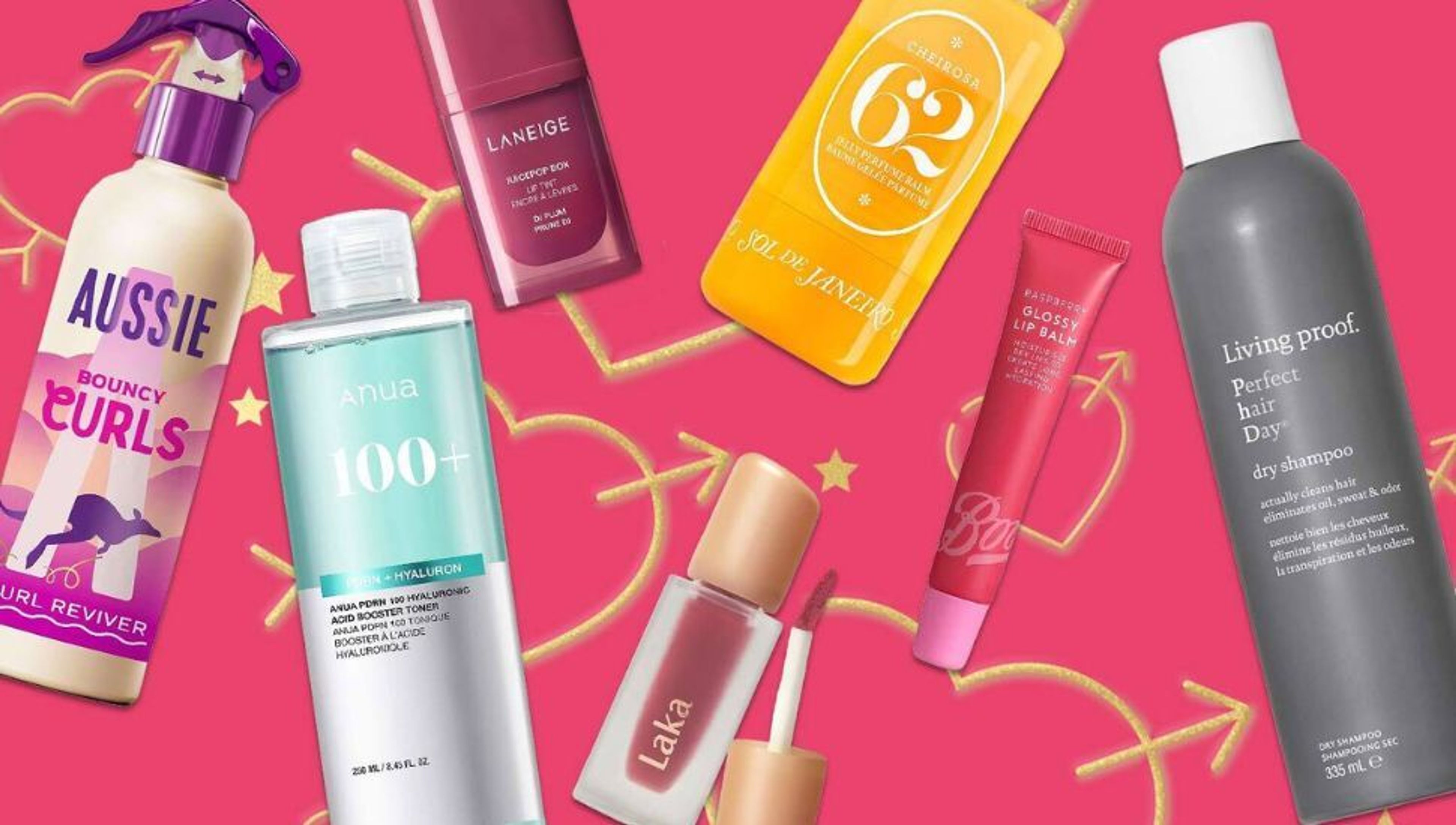 A collection of skincare products including sunscreens, serums, and body sprays, arranged on a blue background.