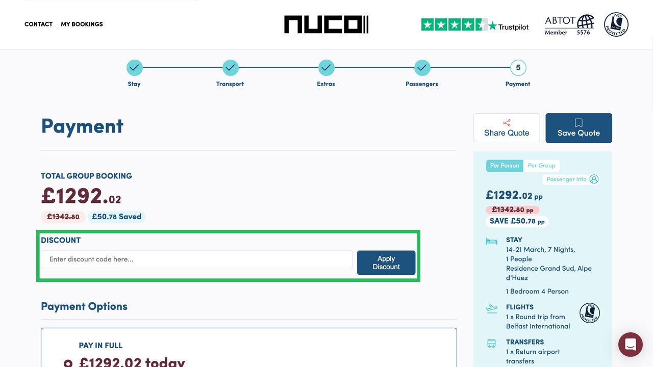 Payment page showing a discount code input field and "Apply Discount" button, with a total booking price of £1292.02.