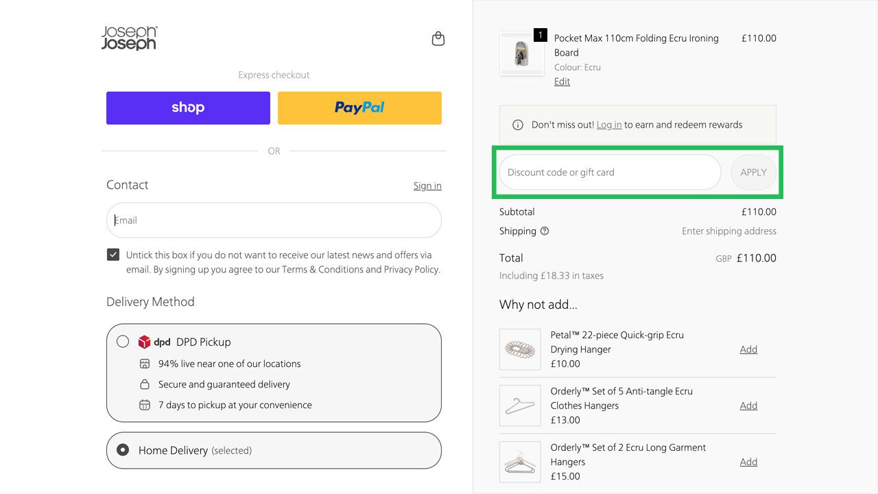 Joseph Joseph checkout page showing cart, delivery options, and a highlighted discount code field.