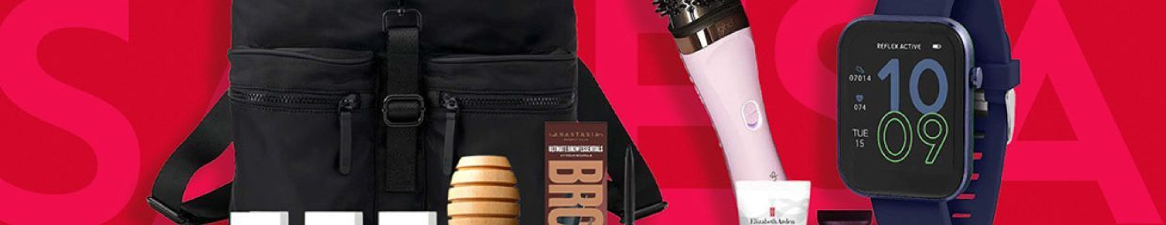 Promotional image featuring a black backpack, pink hair styler, and smartwatch on a red background with "SALE" text.