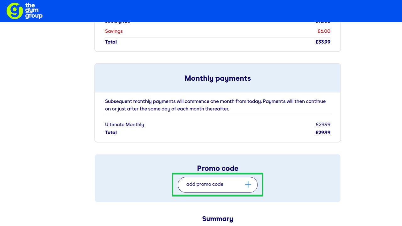 A payment summary page for The Gym Group, with a green outline highlighting the "add promo code" input field.