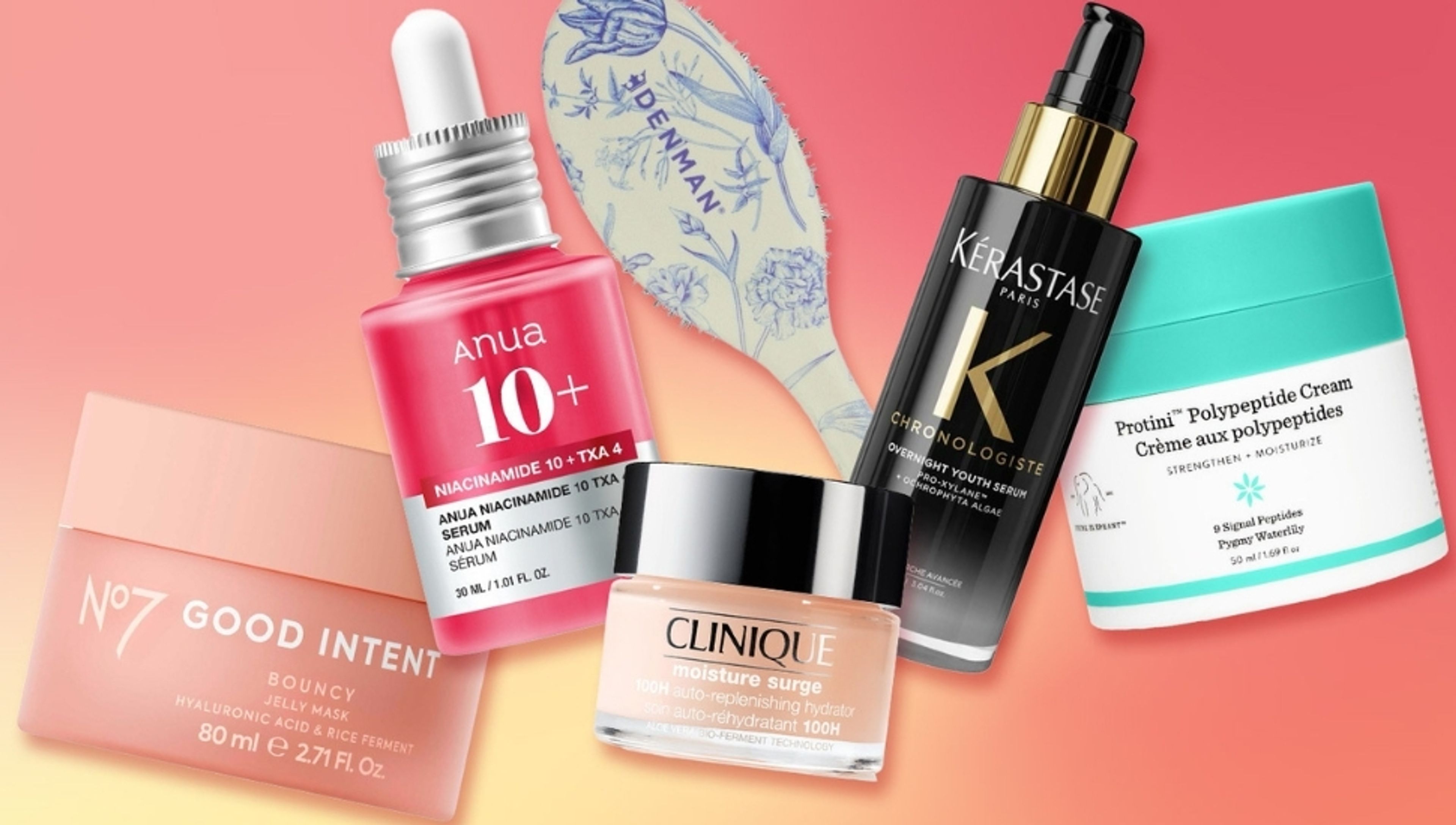 A variety of beauty products, including Anua serum, No7 mask, Clinique moisturizer, Kérastase serum, Drunk Elephant cream, and a Denman brush.