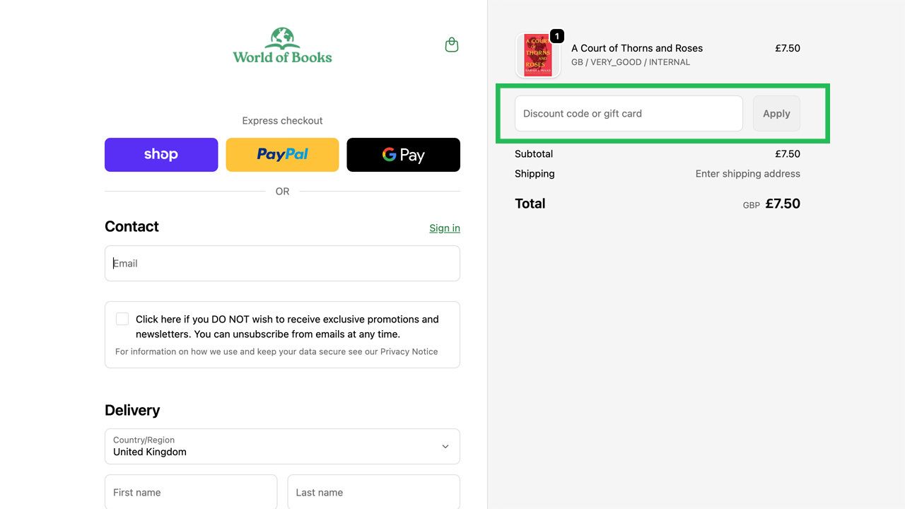 A World of Books checkout page showing "A Court of Thorns and Roses" in the cart and a highlighted "Discount code or gift card" input field.