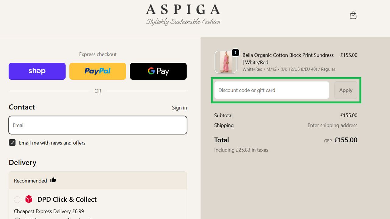 A checkout page displaying a highlighted discount code input field.