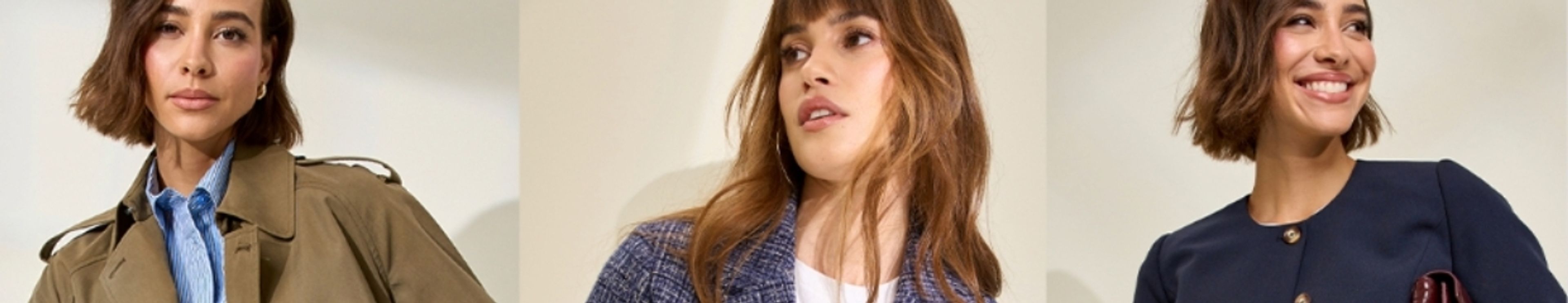 A woman with brown hair modeling three outfits: a tan trench coat, a blue tweed jacket, and a navy buttoned jacket.