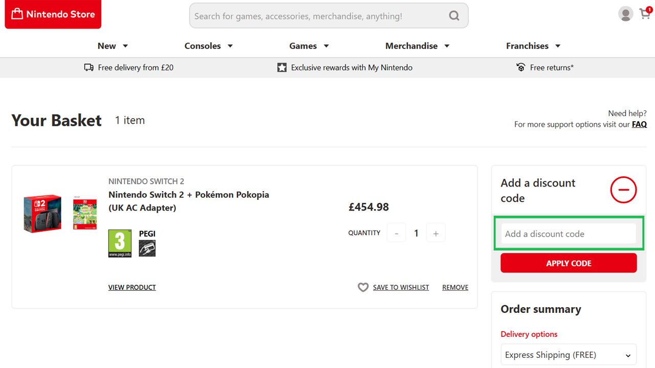 A Nintendo Store shopping cart page showing a Nintendo Switch 2 bundle and a highlighted "Add a discount code" input field.