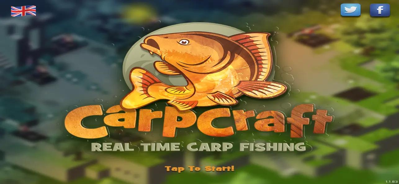 CarpCraft: Real Time Carp Fishing game title screen featuring a stylized orange carp and "Tap To Start!".