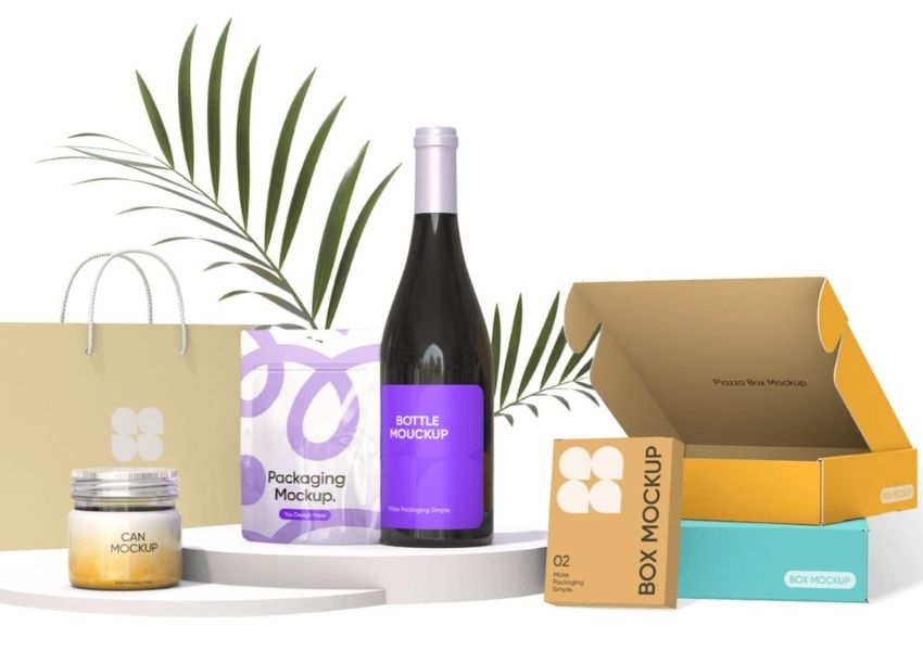 Various product packaging mockups including a wine bottle, pouch, jar, shopping bag, and different box styles.