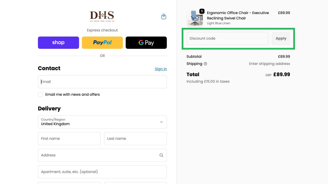 Online checkout page showing a highlighted "Discount code" input field and "Apply" button.