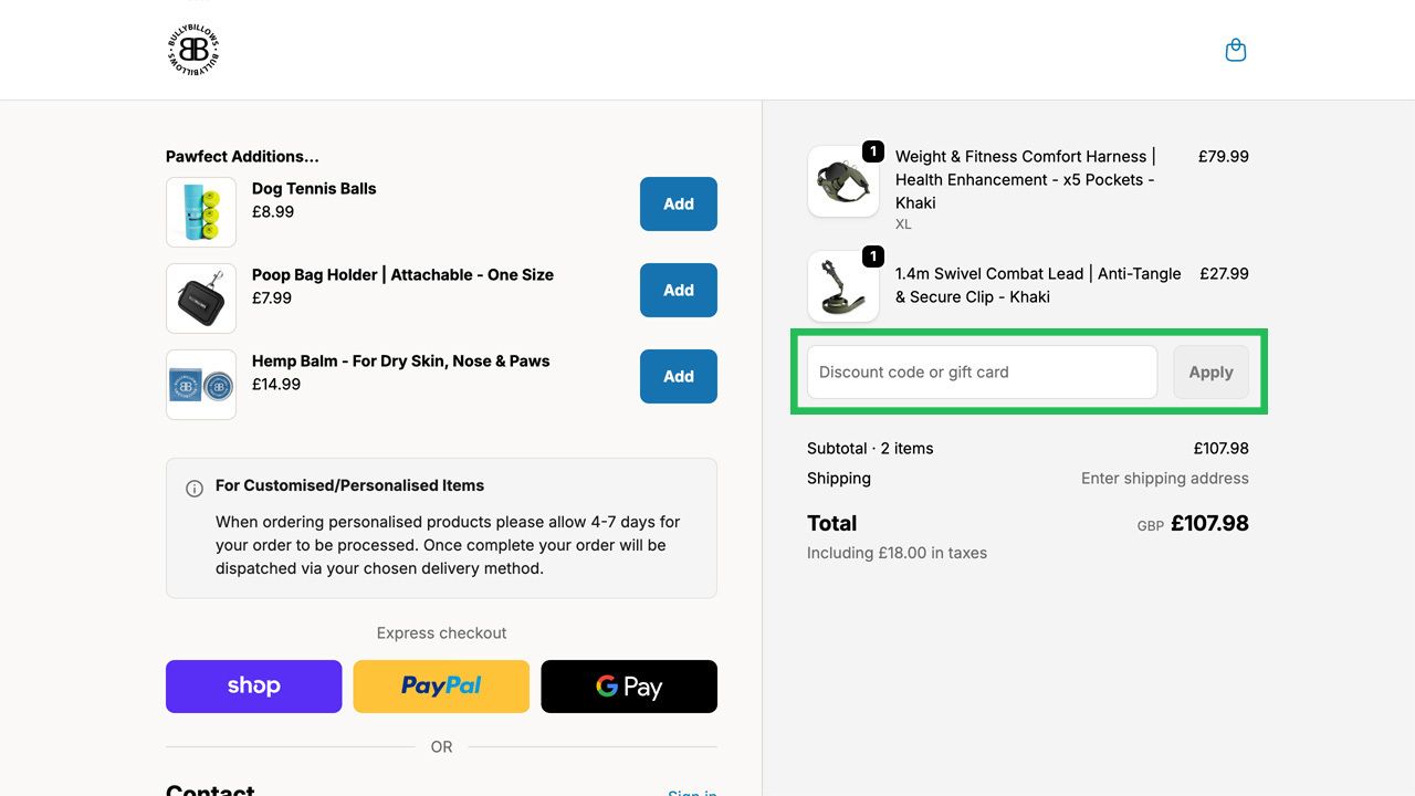 Where to enter your Bully Billows discount code