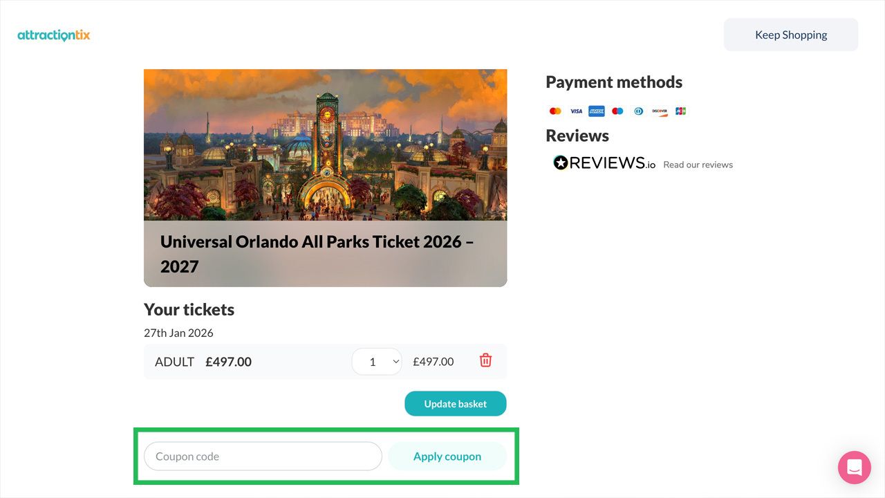 A shopping cart page for Universal Orlando tickets, highlighting the coupon code input field.