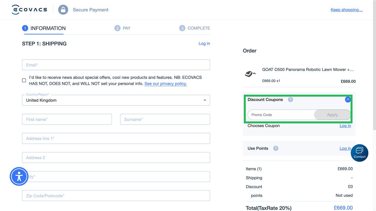 Where to enter your Ecovacs discount code