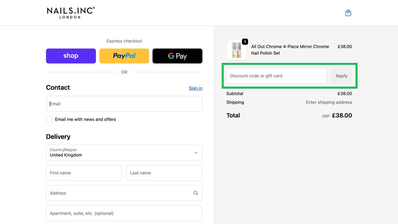 Nails Inc. checkout page displaying a nail polish set in the cart, with the discount code or gift card input field highlighted.