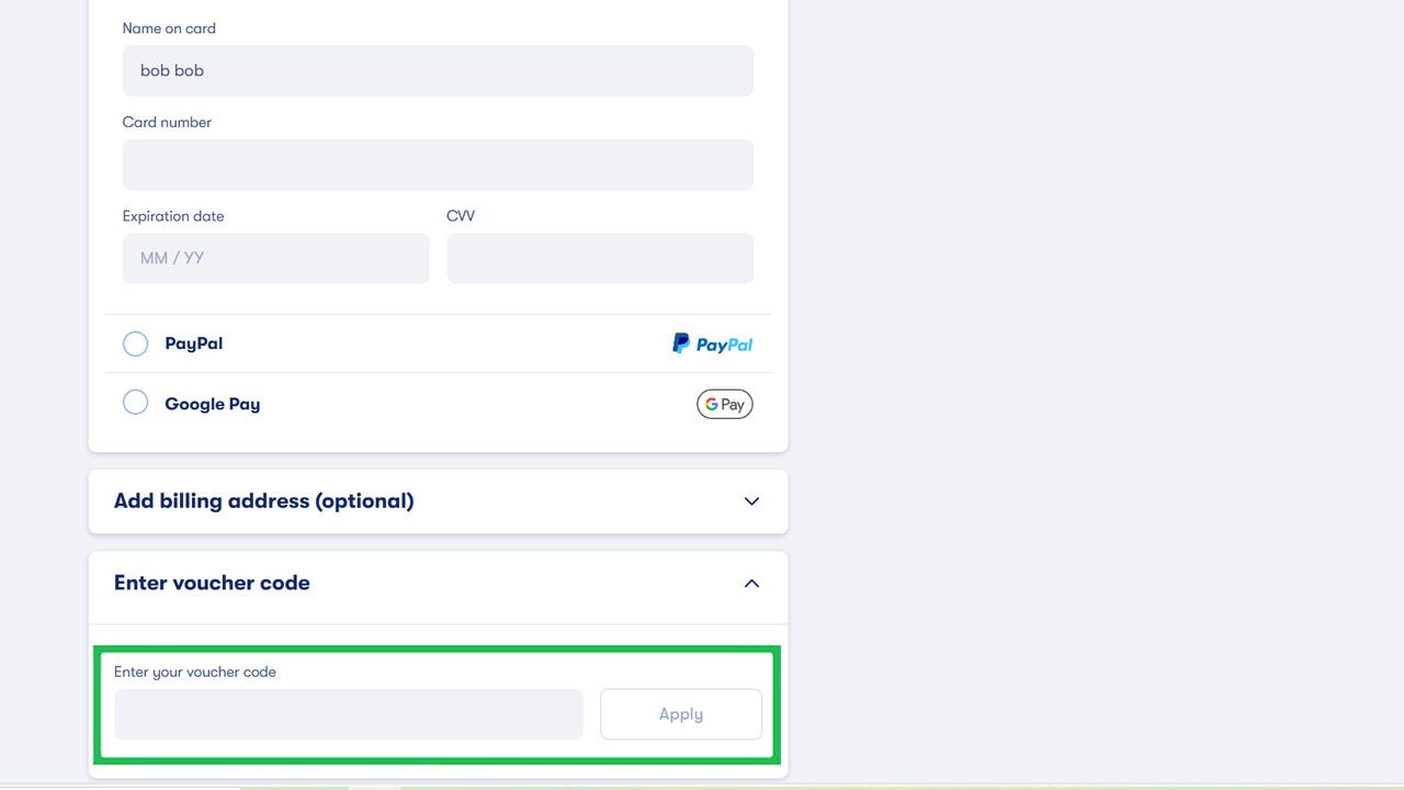 A checkout page with payment options, highlighting the "Enter your voucher code" input field and "Apply" button.