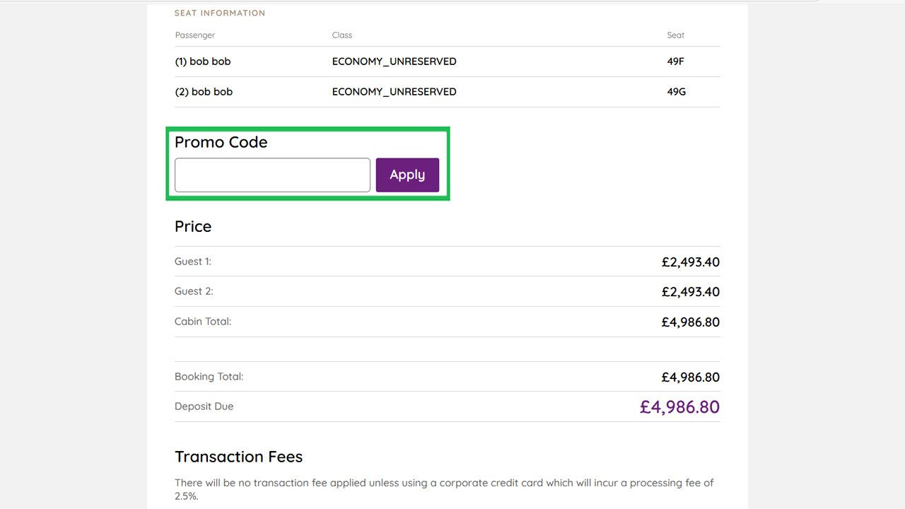 Promo code input field and apply button on a booking page, highlighted in green.