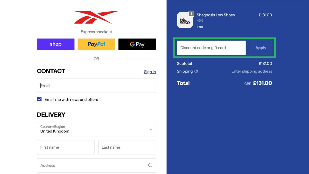 Reebok checkout screen showing Shaqnosis Low Shoes and a highlighted discount code input field.