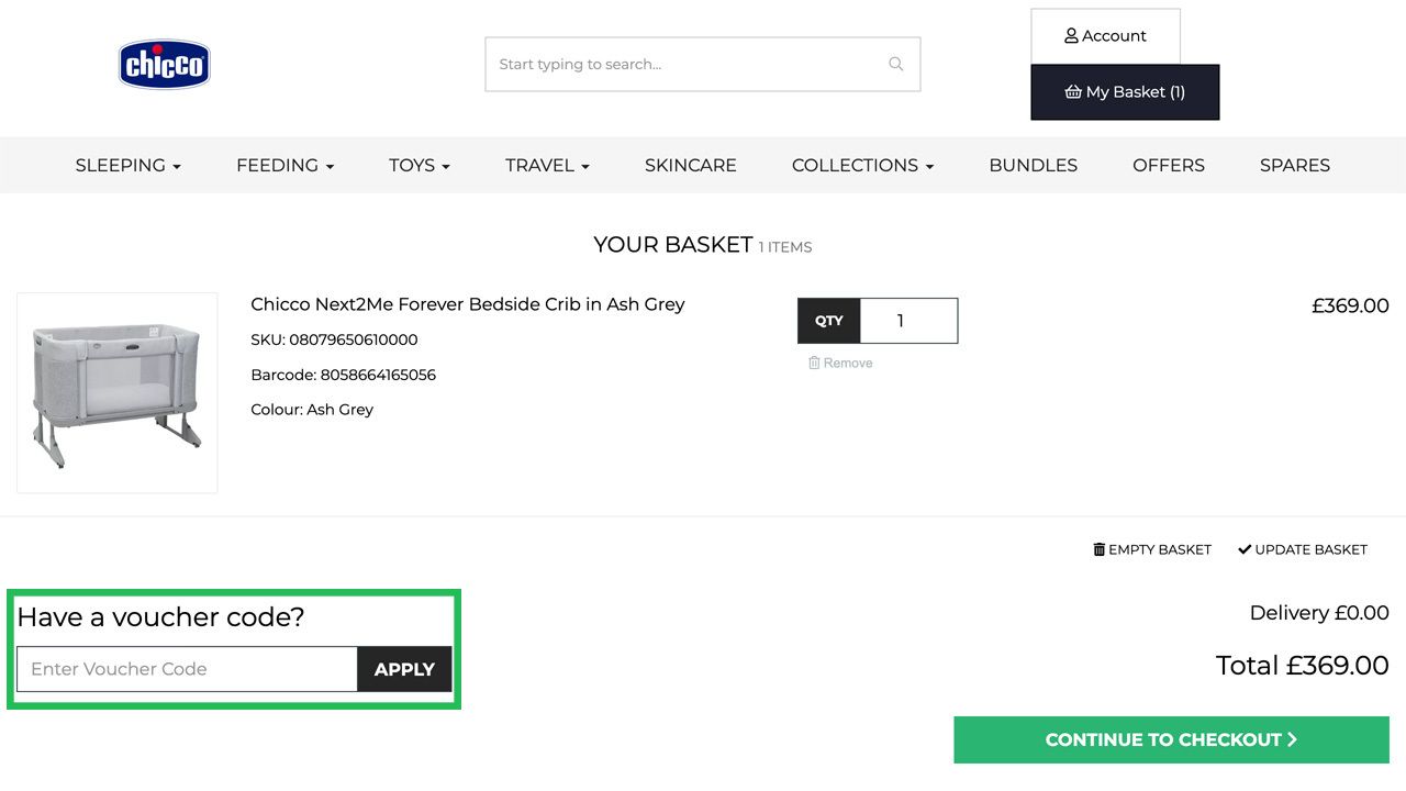 Chicco e-commerce shopping basket page showing a Chicco Next2Me Forever Bedside Crib and a highlighted voucher code input field.