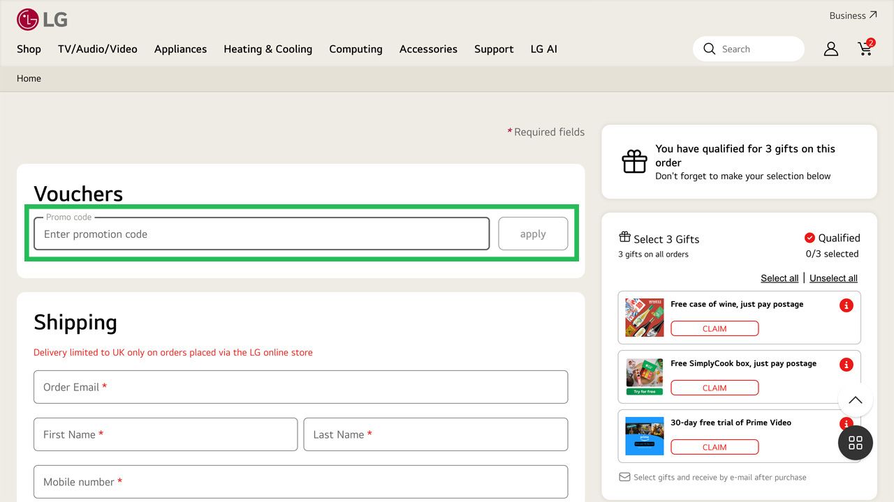 LG website with a highlighted "Vouchers" section, showing an "Enter promotion code" field and an "apply" button.