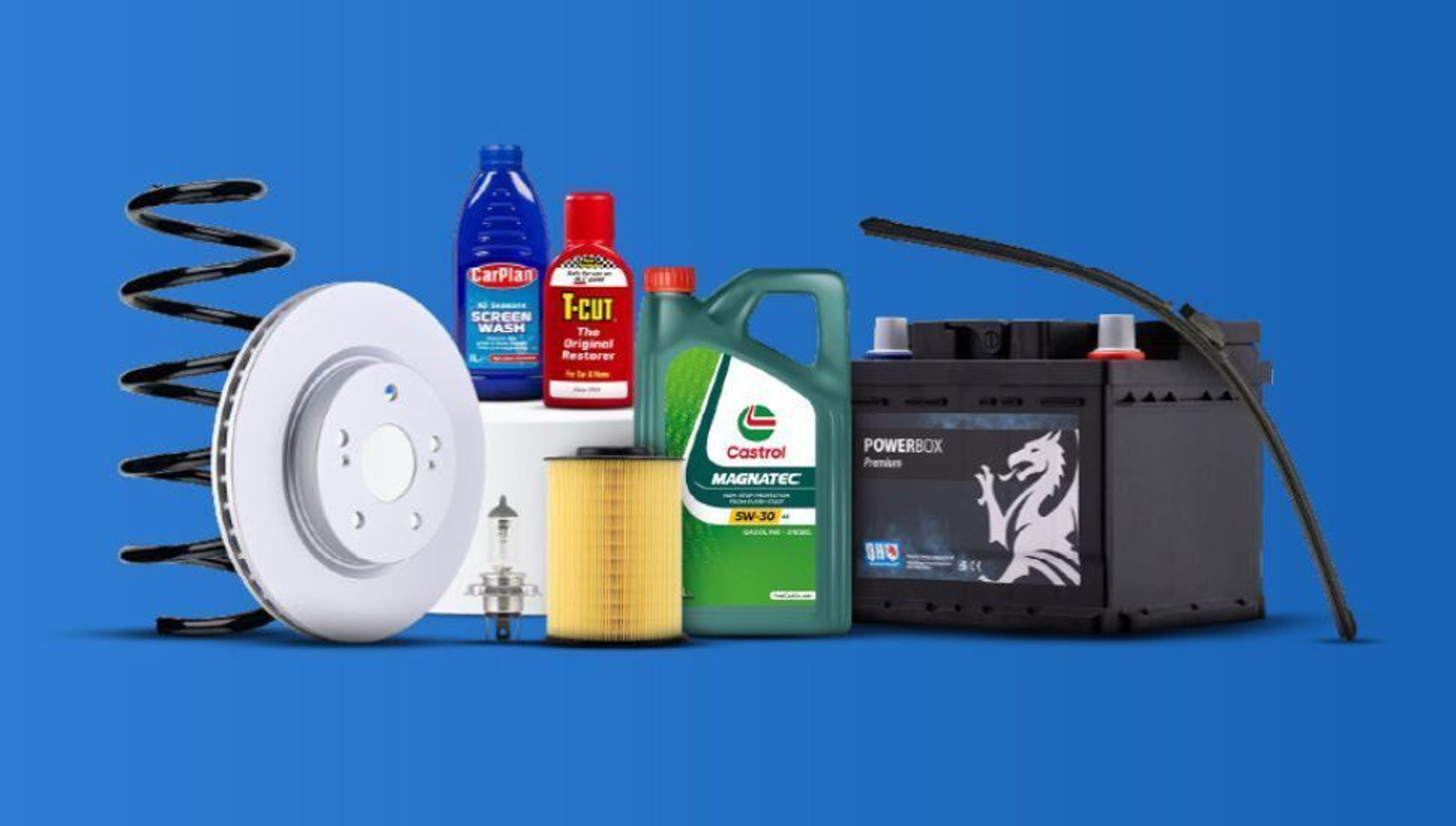 Assortment of car parts and fluids including a spring, brake disc, bulb, screen wash, polish, engine oil, oil filter, car battery, and wiper blade.
