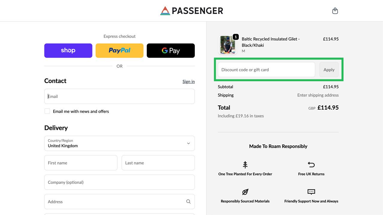 E-commerce checkout page with a highlighted discount code or gift card input field.