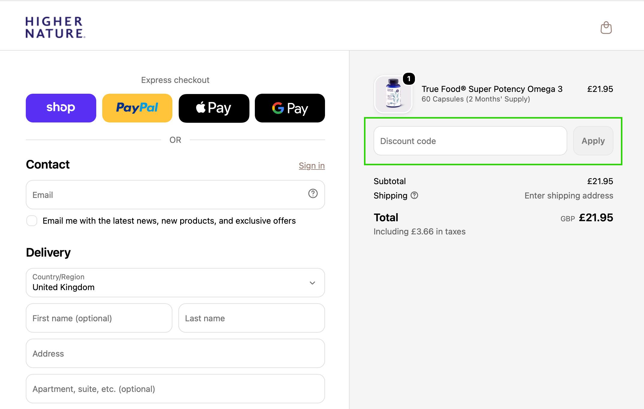 Higher Nature checkout page displaying express payment options, contact and delivery details, and an order summary with a highlighted discount code field.