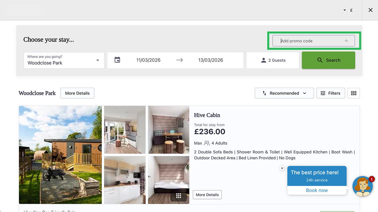 A booking website displaying accommodation options for Woodclose Park, with the "Add promo code" input field highlighted in green.