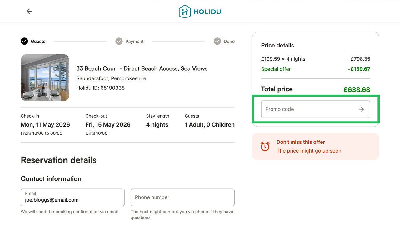 Holidu booking summary for 33 Beach Court, showing dates, guest details, total price of £638.68, and a highlighted promo code input field.