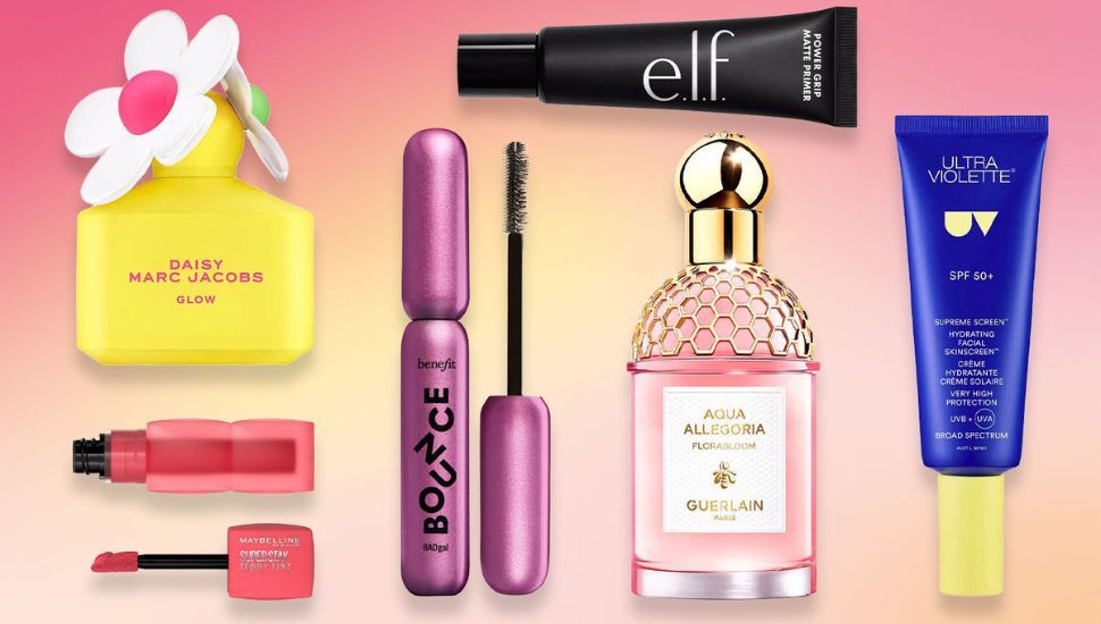 A flat lay of six beauty products: Marc Jacobs Daisy Glow perfume, Maybelline Superstay lipstick, Benefit Roller Lash Bounce mascara, Elf Power Grip primer, Guerlain Aqua Allegoria perfume, and Ultra Violette sunscreen, on a pink-yellow gradient background.