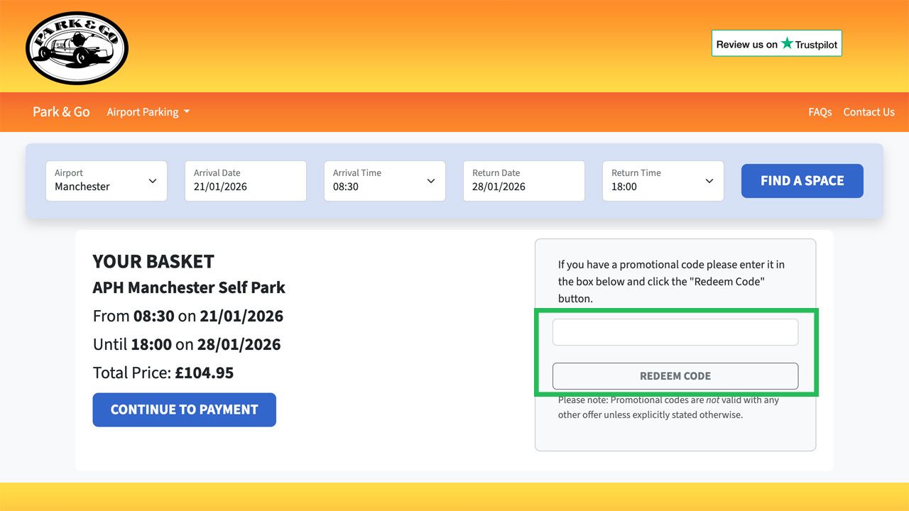 Park & Go airport parking website showing a booking summary for Manchester Airport and a highlighted promotional code input field.