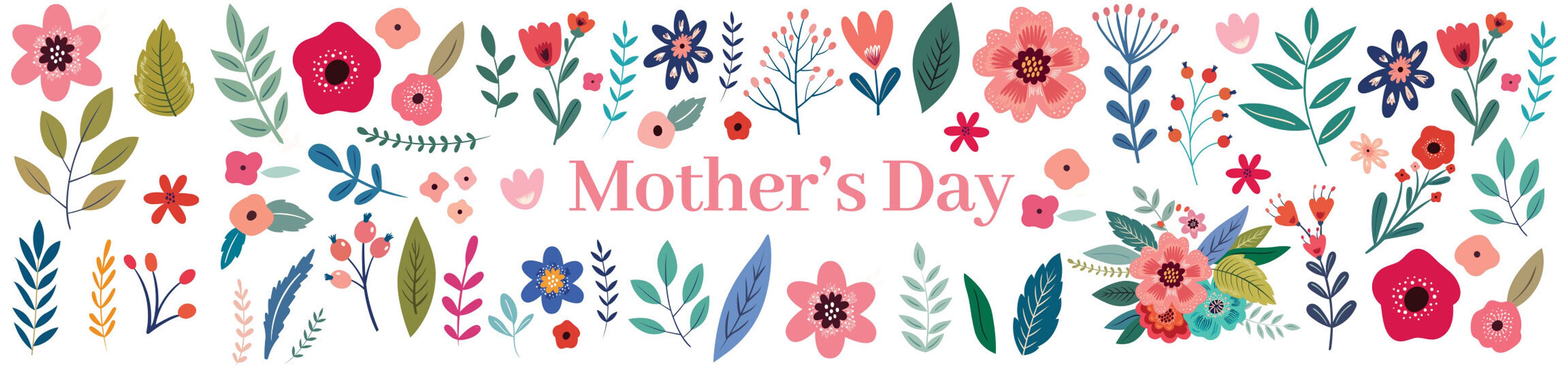 Mother's Day text surrounded by colorful floral illustrations.