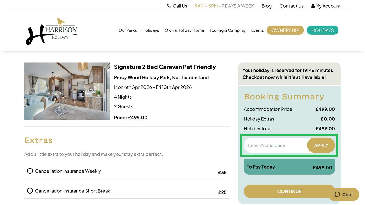 Screenshot of a Harrison Holidays booking page displaying holiday details, extras, and a booking summary with a highlighted promo code entry field.