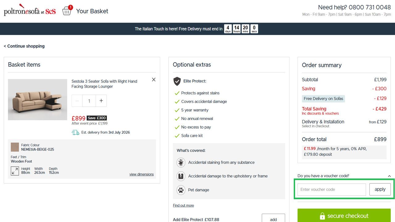 A Poltronesofà & SCS online shopping cart displaying a beige Sestola 3 Seater Sofa for £899, with optional extras, order summary, and a voucher code input field.