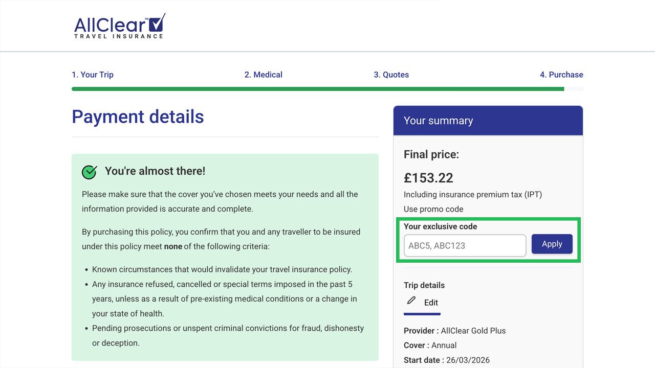 AllClear Travel Insurance payment page with a green-highlighted "Your exclusive code" input field.