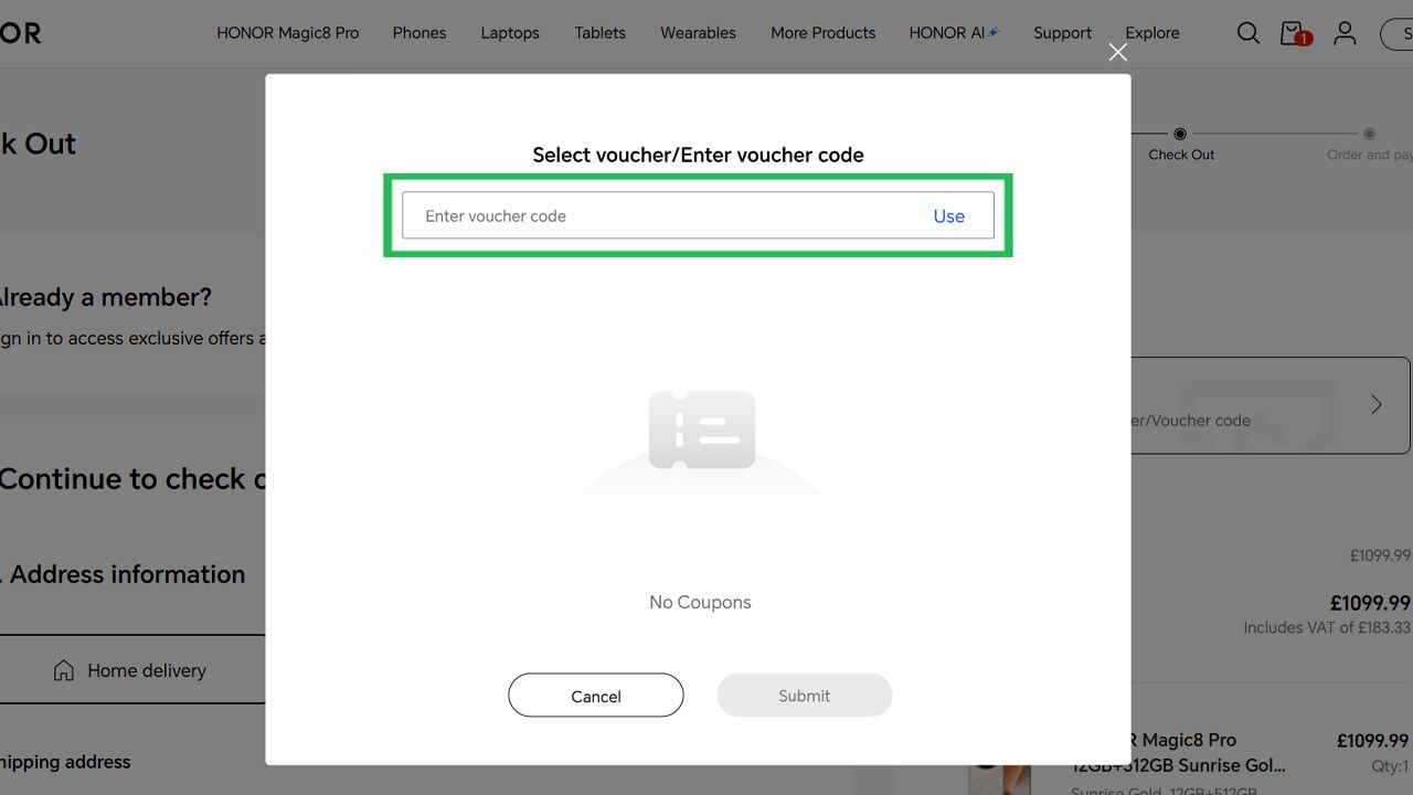 A website pop-up to enter a voucher code, with the input field highlighted in green.