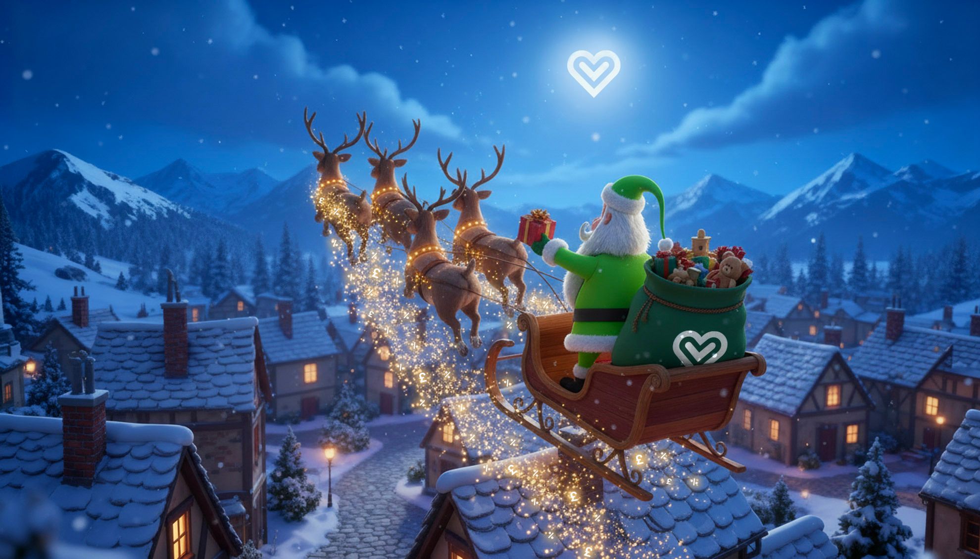 Green-suited Santa in a sleigh pulled by sparkling reindeer flies over a snowy village at night, with a glowing heart in the sky.