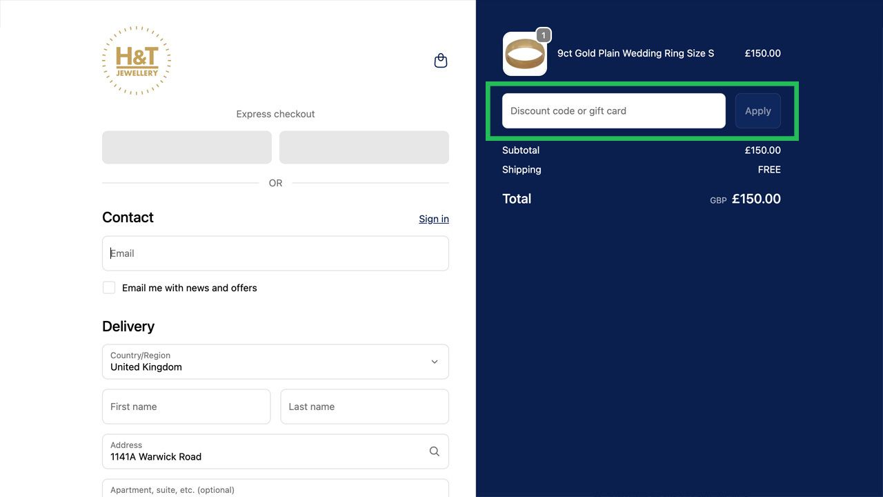 Screenshot of an online checkout page with a discount code input field highlighted.