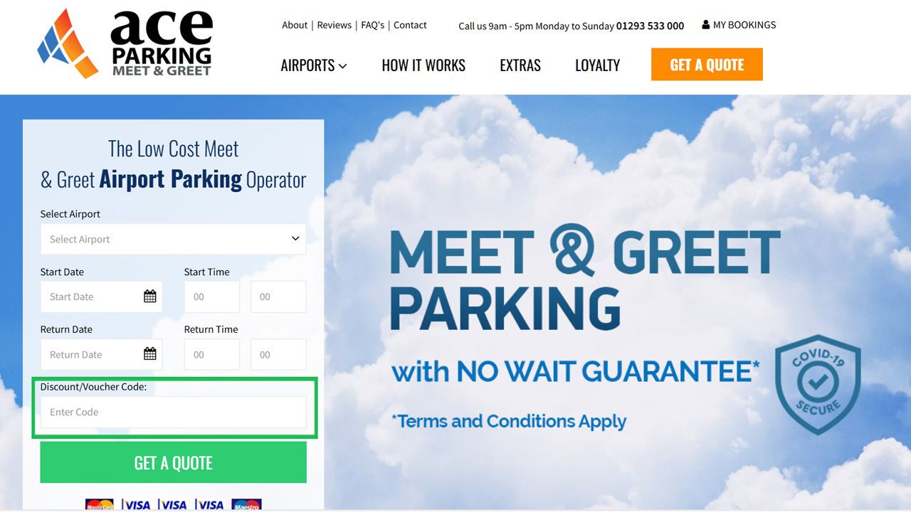 Ace Parking website booking form for airport parking, with the discount/voucher code field highlighted.