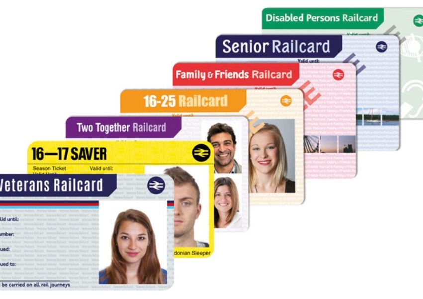 A fanned display of UK Railcards, including Veterans, 16-17 Saver, Two Together, 16-25, Family & Friends, Senior, and Disabled Persons types.