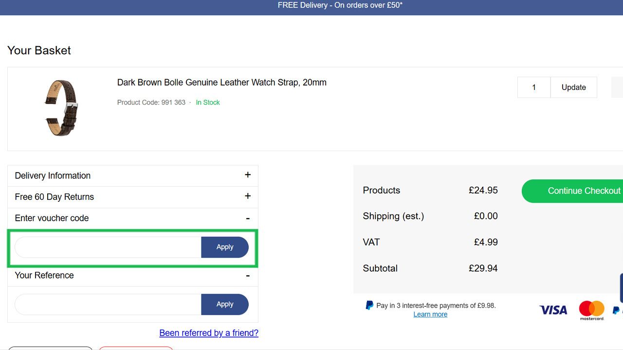 Shopping cart page displaying a dark brown leather watch strap and a highlighted voucher code input field.