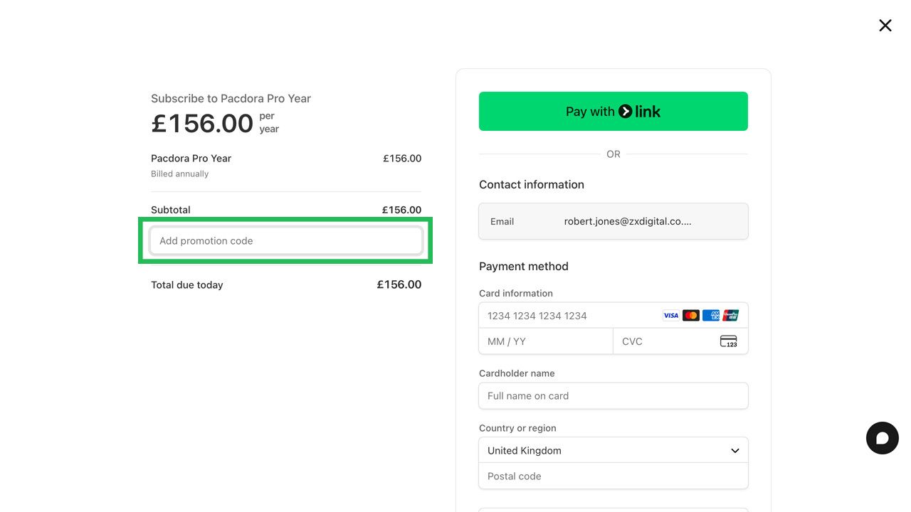 A checkout page for Pacdora Pro Year subscription, showing a highlighted "Add promotion code" field with payment and contact information forms.