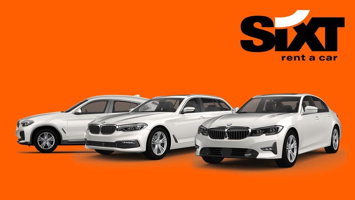 Sixt Rent a Car logo above three white BMW cars on an orange background.