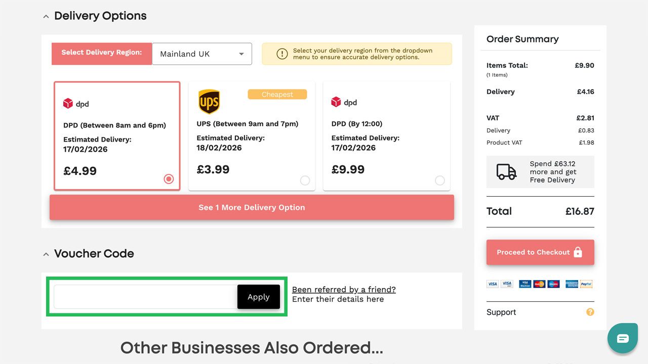 E-commerce checkout page showing delivery options from DPD and UPS, a voucher code field, and an order summary totaling £16.87.