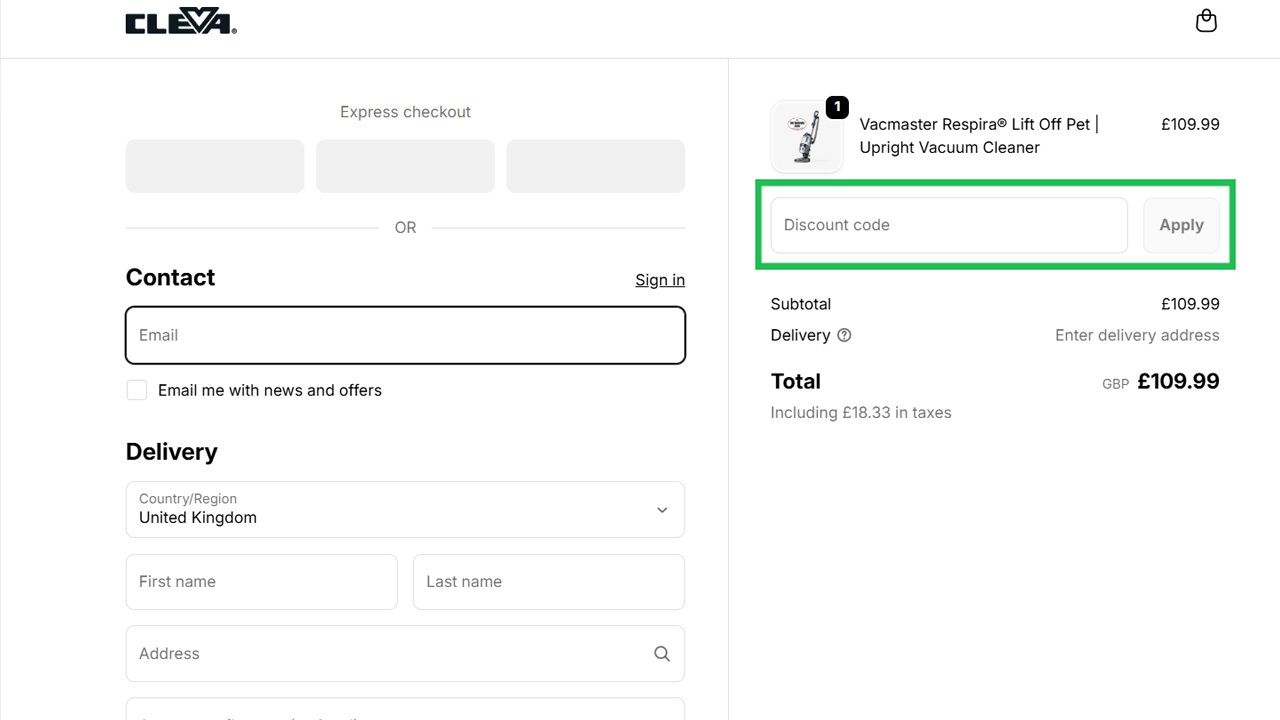CLEVA checkout page with a Vacmaster upright vacuum cleaner in the cart for £109.99, showing a highlighted discount code input field.
