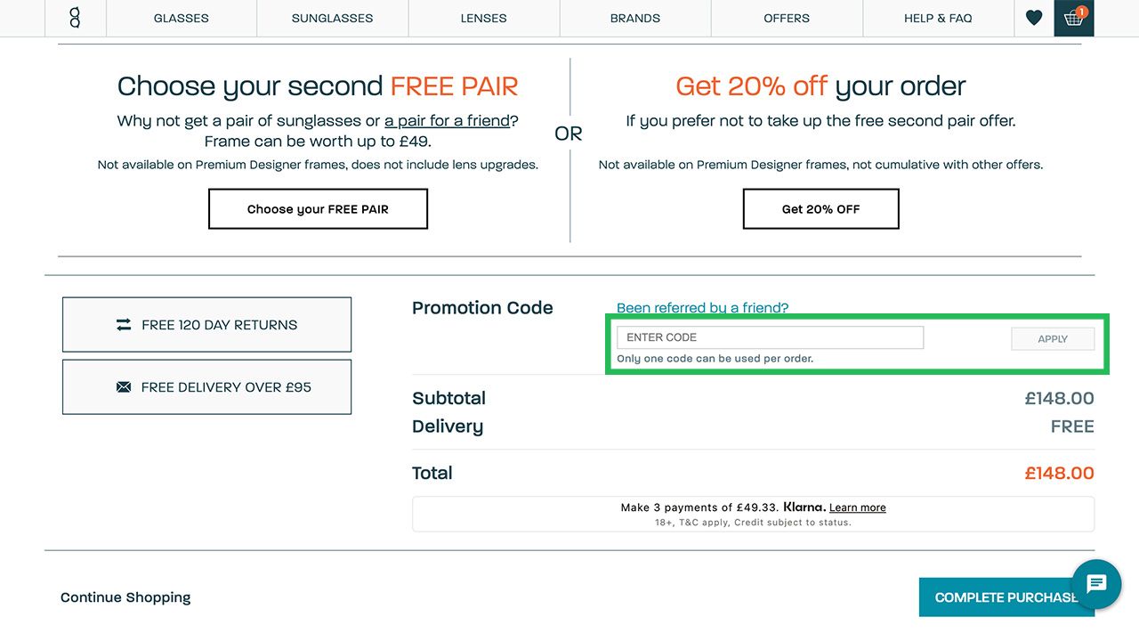 Where to enter your Glasses Direct discount code