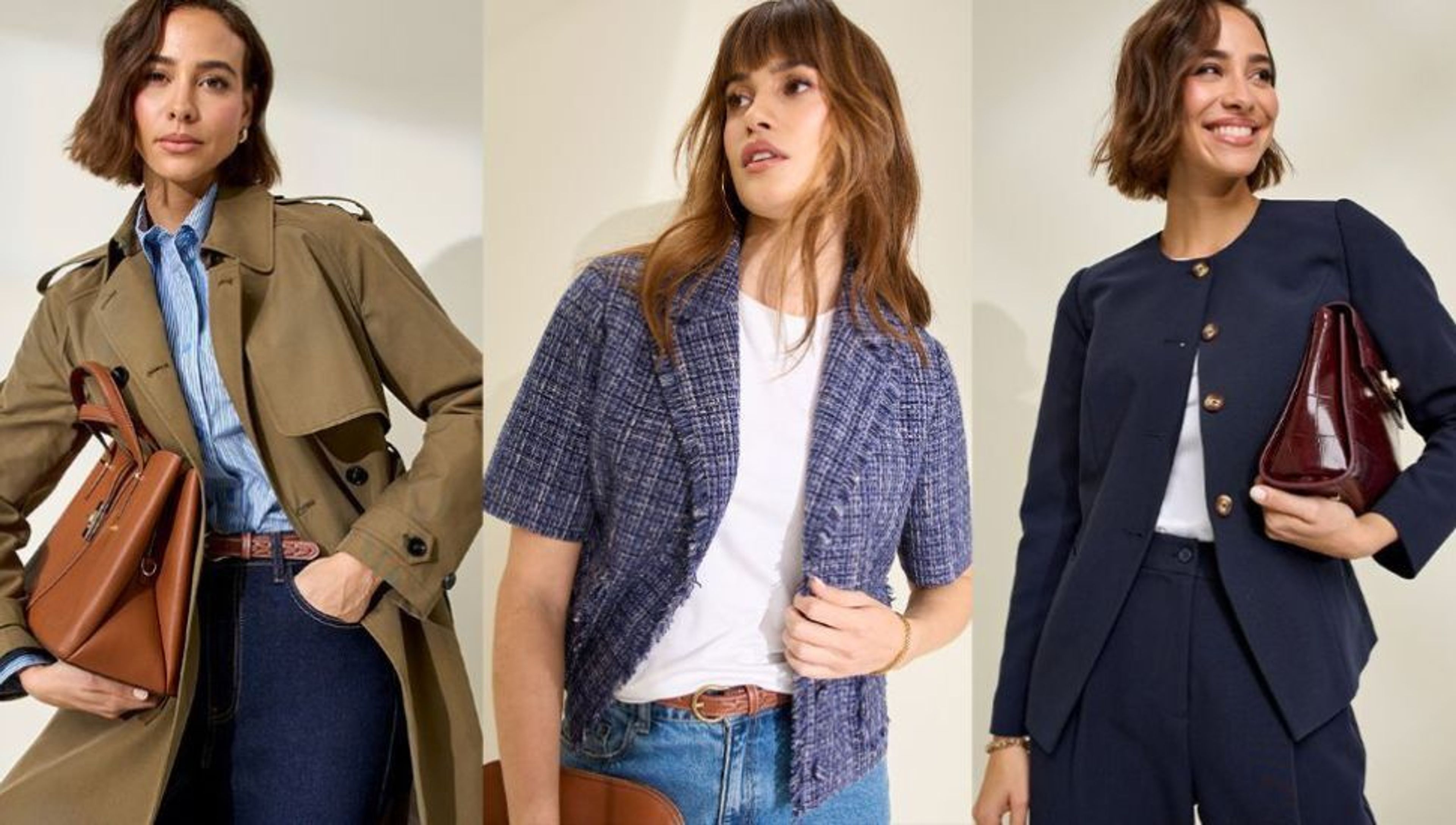 Three women model three distinct outfits: an olive trench coat, a blue tweed jacket, and a navy blazer.