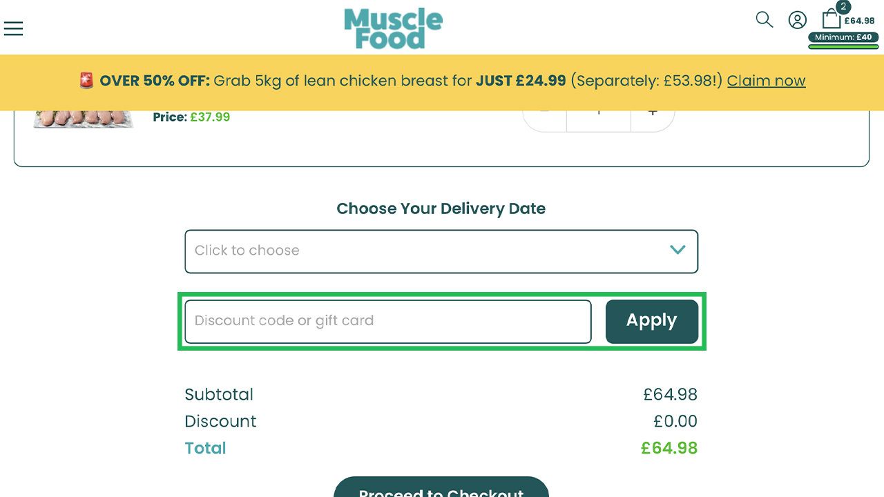 Discount code input field and Apply button, outlined in green.