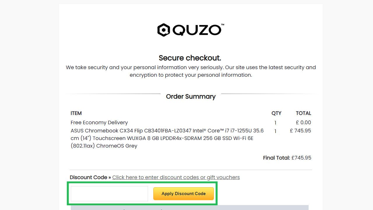 A QUZO secure checkout page showing an order summary for an ASUS Chromebook and a highlighted discount code input field.
