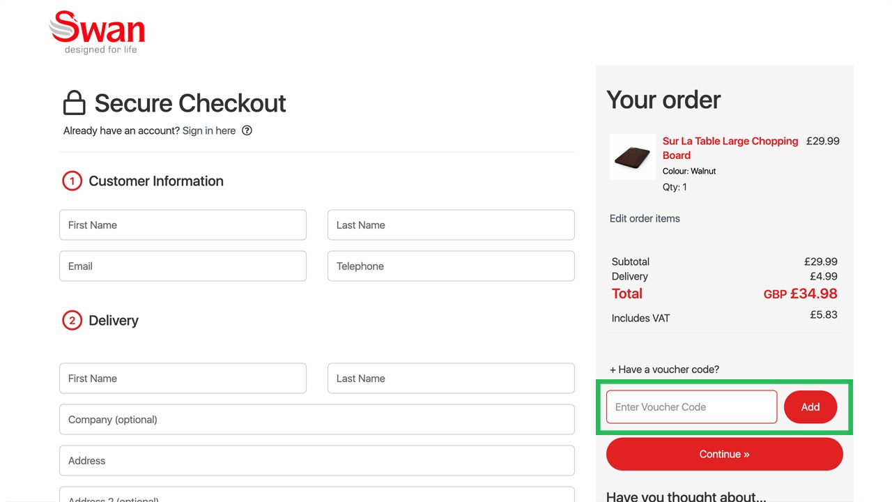 Swan secure checkout page with customer/delivery forms, a chopping board order summary, and a highlighted voucher code input.
