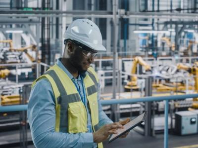 Man in white helmet & hi-vis jacket standing in manufacturing plant while on iPad.